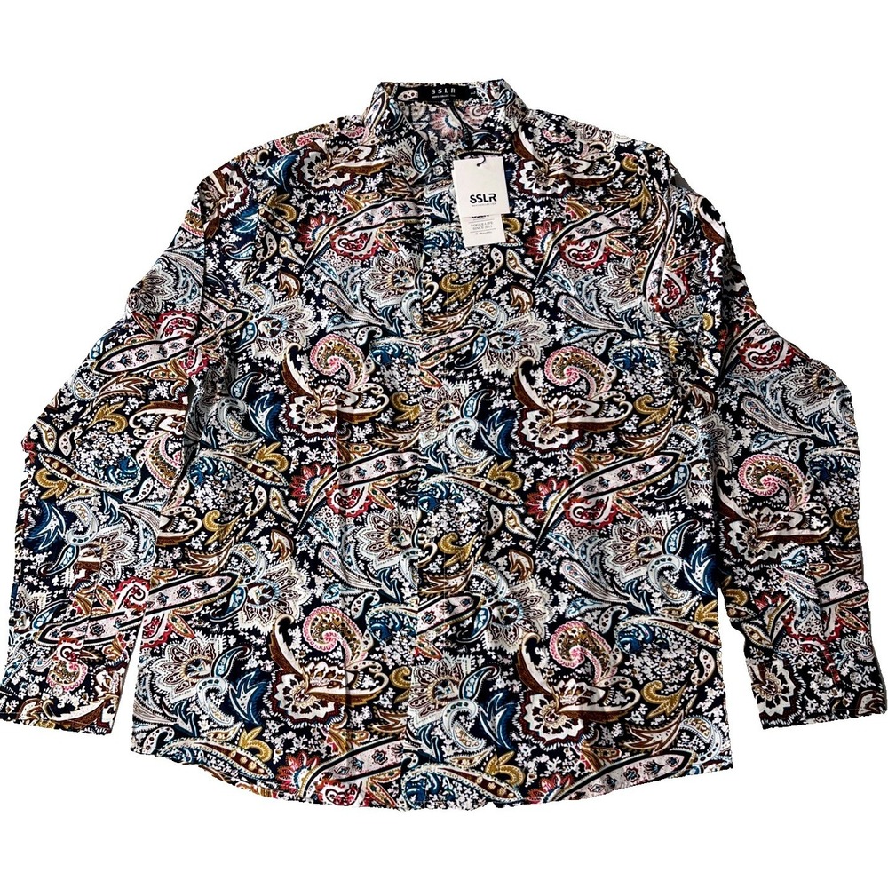 SSLR Mens Paisley Floral Button Down Shirt Long Sleeve Cotton Navy Gold AFD268-3